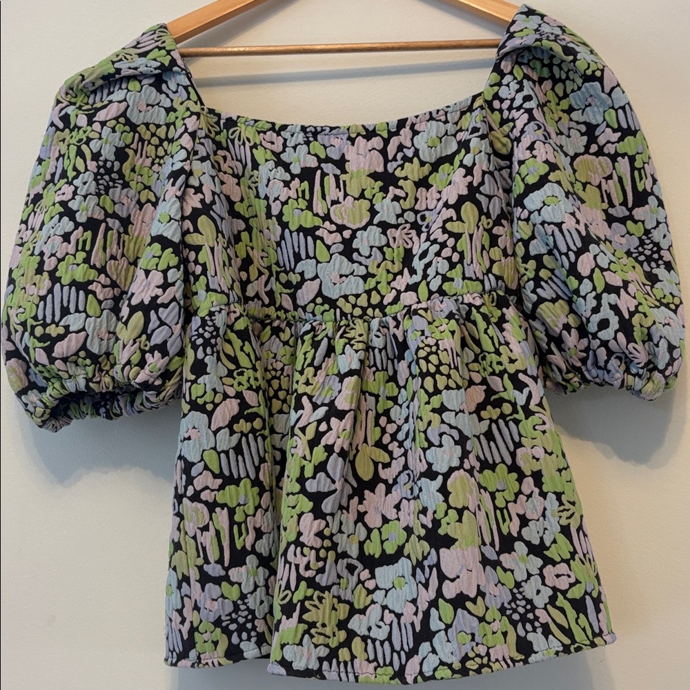 STINE GOYA Floral Puff Sleeve Top - Black, Green, Purple - Picture 4 of 7